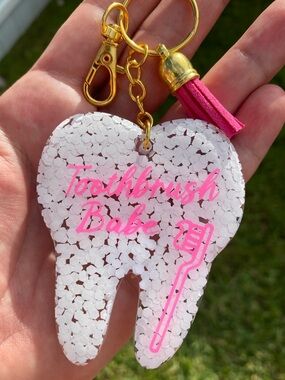 Pink Toothbrush Babe Tooth-Shaped Keychain Card Holder with Tassel